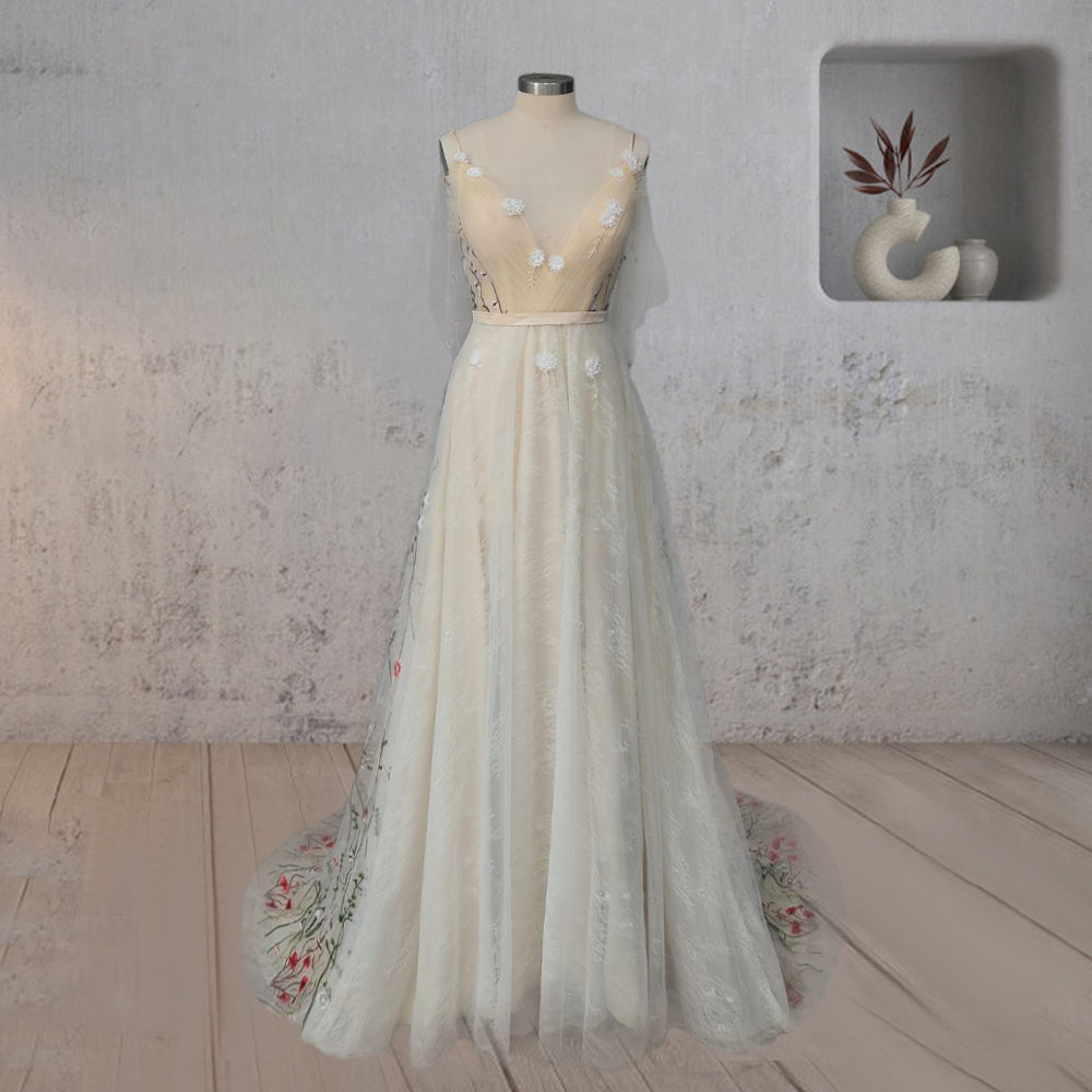 Diva | A-Line V Neck Sleeveless Floral Enchantment Boho Wedding Dress