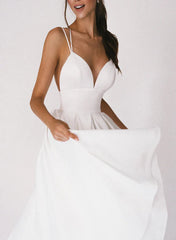 A-Line V-Neck Sleeveless Satin Knee-Length Wedding Dress White Simple