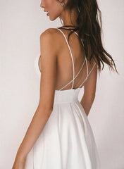 A-Line V-Neck Sleeveless Satin Knee-Length Wedding Dress White Simple