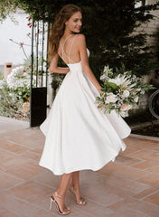 A-Line V-Neck Sleeveless Satin Knee-Length Wedding Dress White Simple