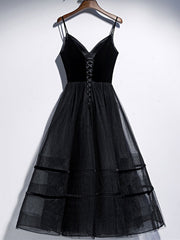 Une ligne V couche de cou longueur de thé noir Velvet bal, des robes de remise des diplômes de la longueur du thé noir
