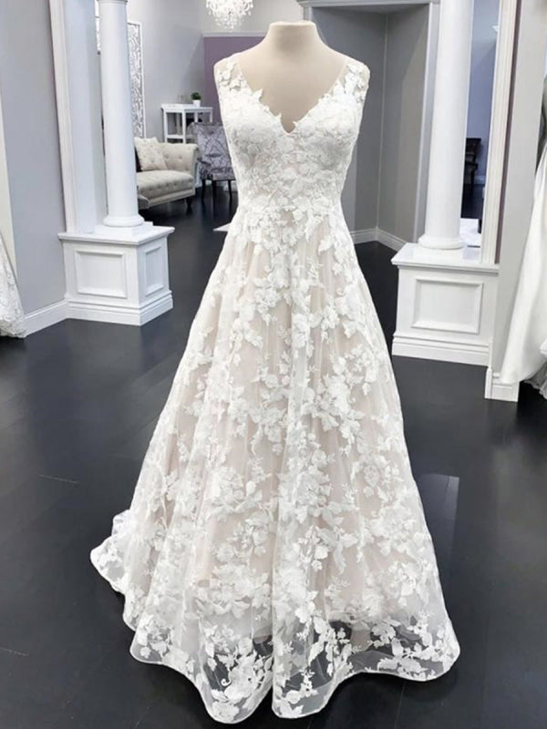 White Floral Lace Wedding Dress A Line V Neck Bridal Dress Sleeveless