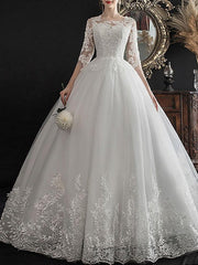 Glamorous A-Line Wedding Dresses Jewel Neck Lace Half Sleeve Illusion Sleeve Bridal Dress