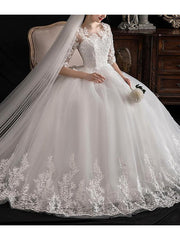 Glamorous A-Line Wedding Dresses Jewel Neck Lace Half Sleeve Illusion Sleeve Bridal Dress
