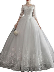 Glamorous A-Line Wedding Dresses Jewel Neck Lace Half Sleeve Illusion Sleeve Bridal Dress