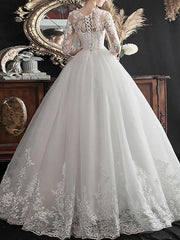 Glamorous A-Line Wedding Dresses Jewel Neck Lace Half Sleeve Illusion Sleeve Bridal Dress