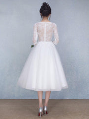 A-Line Wedding Dresses Jewel Neck Tea Length Tulle Sheer Lace 3\4 Length Sleeve Casual See-Through Backless