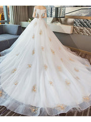 A-Line Wedding Dresses Off Shoulder Cathedral Train Lace Short Sleeve