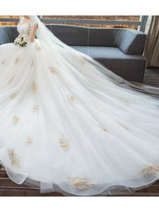 A-Line Wedding Dresses Off Shoulder Cathedral Train Lace Short Sleeve
