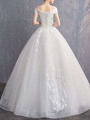 A-Line Wedding Dresses Off Shoulder Floor Length Tulle Cap Sleeve