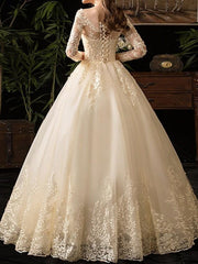 A-Line Wedding Dresses Scoop Neck Floor Length Lace Long Sleeve Glamorous See-Through Illusion Sleeve