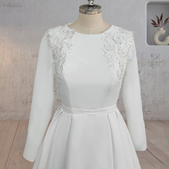 A Line White Long Sleeves Appliqued Wedding Dresses with Train