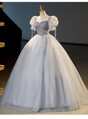 Elegant Dusty Blue A-Line Beaded Evening Gown Tulle Short-sleeved Party Dress Long Formal Dress HZ1024