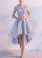 Grey High Low Lace Applique Round Neckline Prom Dresses, Homecoming Dresses, Lace-up Party Dresses