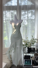Vintage Mint Green Irregular Lace Hem Spaghetti Strap Design Chiffon Prom Dress Evening Dress HZ1024