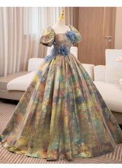 Vintage Court Retro Style Sweet 16 Quinceanera 3D Flowers Short-sleeved Evening Dress Long Ball Gown HZ1024