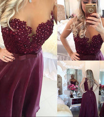 A Line Floor Length Maroon Lace Prom Dress, Maroon Formal Dress, Burgundy Prom Dress