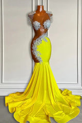Yellow Scoop prom -jurk met kralen en kwastjes - zeemeermin lang
