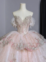 Vintage Pink Glittering Beaded Sweetheart Tulle Sweet 16 Quinceanera A-Line Off-the-shoulder Evening Dress Long Ball Gown HZ1024