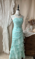 Spaghetti Straps Ruffle Long Prom Dress Mermaid Formal Party Dresses