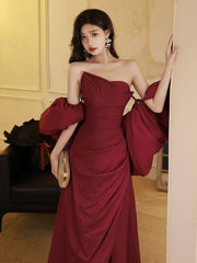 A-Line Taffeta Puff Sleeves Burgundy Long Prom Dress, Burgundy Long Formal Dress