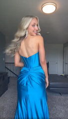 Charming Blue Satin Sweetheart Mermaid High Slit Long Prom Dress Party Dress Evening Dress HZ1024