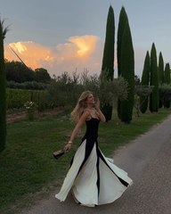 Vintage Black and White A-Line Prom Dress Spaghetti Strap Evening Dress Long Formal Dress HZ1024