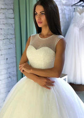 Sexy Sleeveless Scoop Tulle Sequins Ball Gown Wedding Dresses