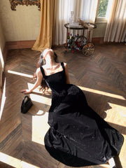 A-Line Velvet Black Long Prom Dress, Black Long Evening Dress