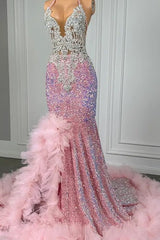 Roze halter zeemeermin prom -jurk met pailletten Beadings en tule ruches