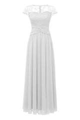 Elegant White Long Lace Dress with Cap Sleeves