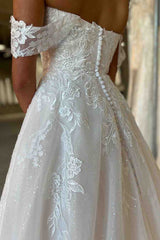 Classy A-Line Off the Shoulder Applique Sweep Train Wedding Dress