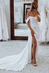 White Long Boho Mermaid Wedding Dress with Slit