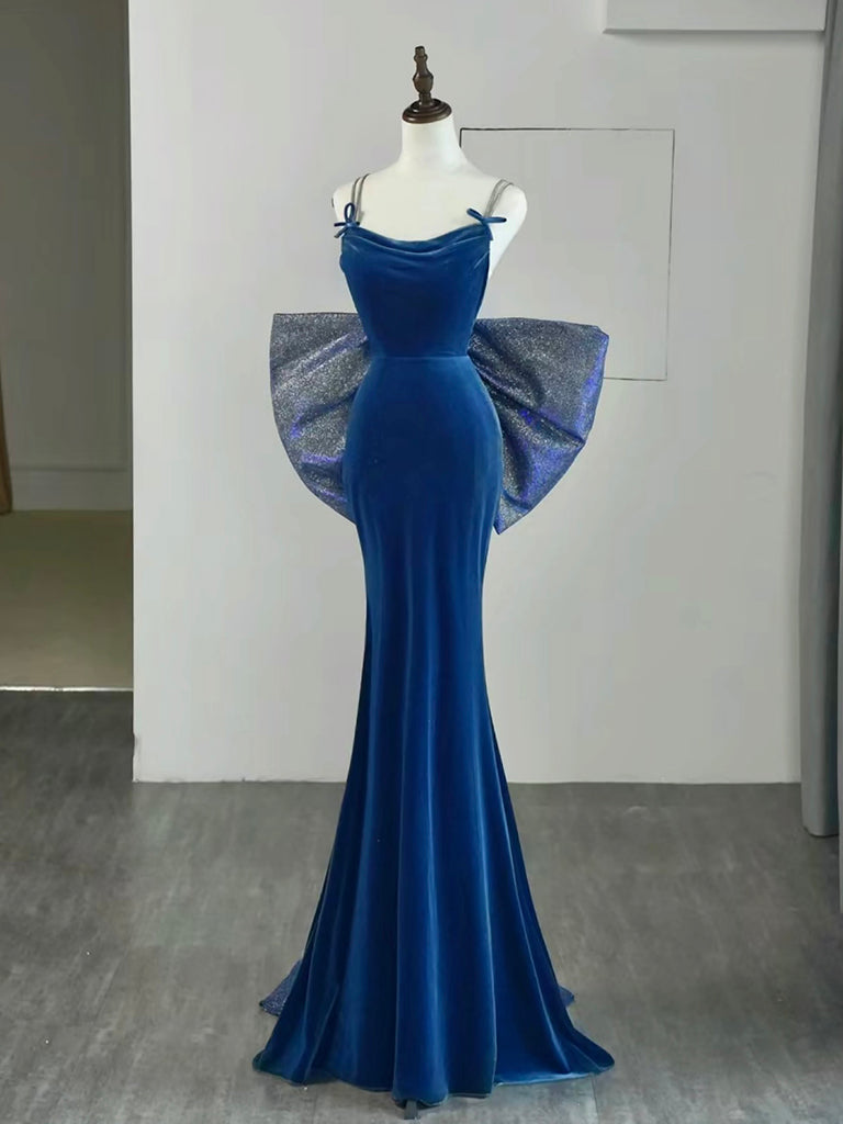 Mermaid Velvet Blue Long Prom Dress, Mermaid Long Formal Dress