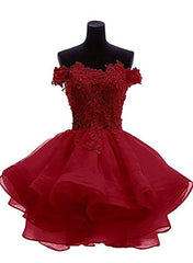 Cute Organza Short Party Dress with Lace Applique, Graduation Dress