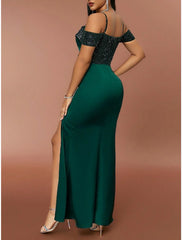 A-Line Bridesmaid Dress Spaghetti Strap Short Sleeve Elegant Ankle Length Spandex with Sequin / Split Front / Ruching