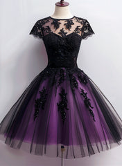 Cute Black and Purple Tulle Short Sleeves Party Dress, Tulle Short Homecoming Dress