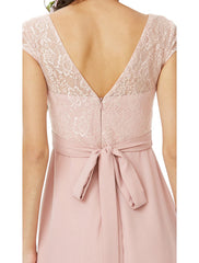 Sheath / Column Bridesmaid Dress Bateau Neck Short Sleeve Elegant Floor Length Chiffon / Lace with Lace / Sash / Ribbon / Bow(s)