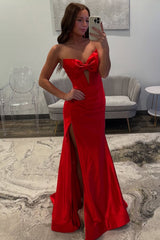 Mermaid Strapless Keyhole Red Satin Long Prom Dresses