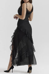 Sexy solid color backless ruffled edge slit asymmetrical diagonal collar irregular prom dress