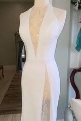 White Halter Open Back Mermaid Long Wedding Dress V-neck