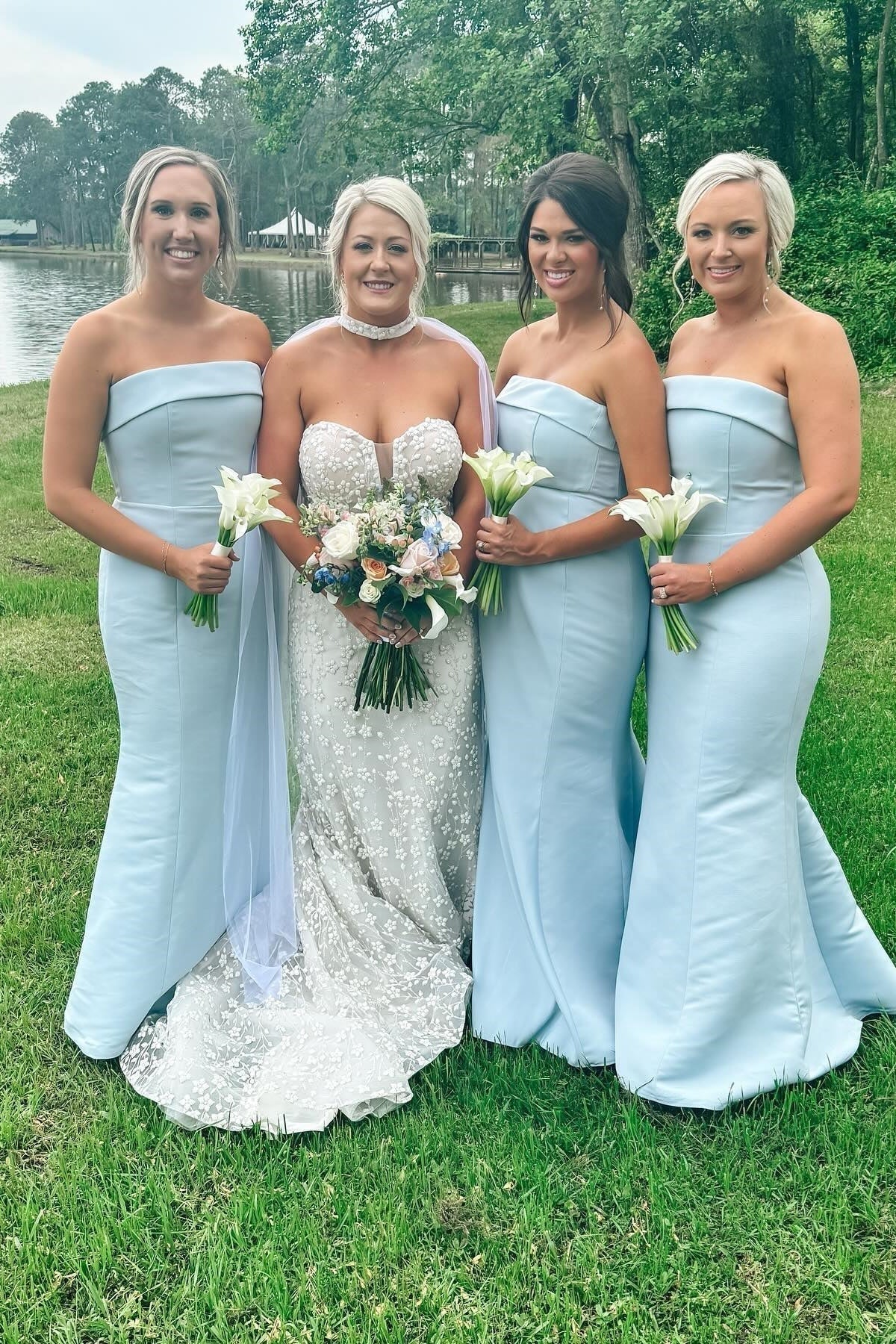Simple Sheath Strapless Light Blue Satin Bridesmaid Dresses