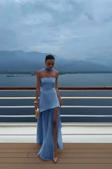 White Strapless Satin Chiffon Split Holiday Summer Prom Dress
