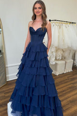 A-Line Strapless V-Neck Tiered Empire-Waist Long Prom Dress