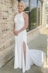 Halter Mermaid Long Wedding Dress with Slit