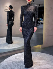 Mermaid / Trumpet Evening Gown Elegant Dress Formal Cocktail Party Floor Length Long Sleeve High Neck Sequined with Sequin