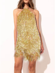 Women's Gold Sequin Dress Fringe Dress Party Dress Sparkly Dress Homecoming Dress Mini Dress Purple Sleeveless Sparkly Glitter Spring Fall Winter Halter Neck Fashion