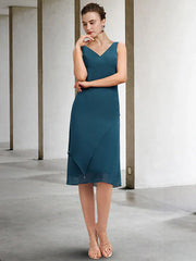 DingjiTwo Piece Sheath / Column Mother of the Bride Dress Church Vintage Elegant V Neck Knee Length Chiffon Sleeveless Wrap Included Jacket Dresses with Draping Tier