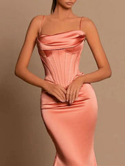 Mermaid / Trumpet Evening Gown Corsets Dress Wedding Cocktail Party Dress Sweep / Brush Train Sleeveless Spaghetti Strap Bridesmaid Dress Satin with Ruched