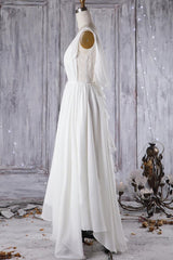 Betaalbare A-lijn asymmetrische kant Chiffon open rug trouwjurk